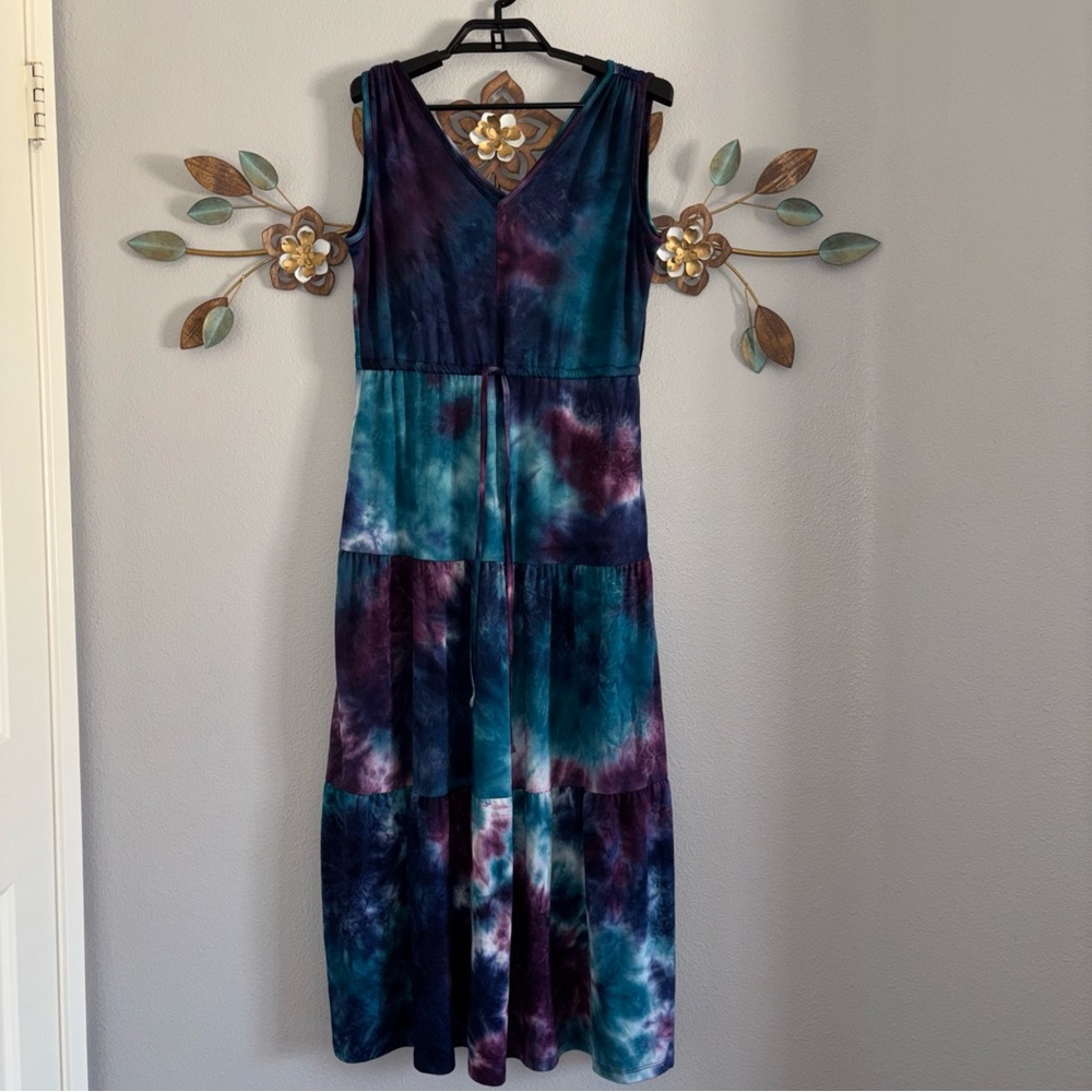 Nina Leonard Womens Sleeveless Tiered Tie Dye Maxi Dress Size PM